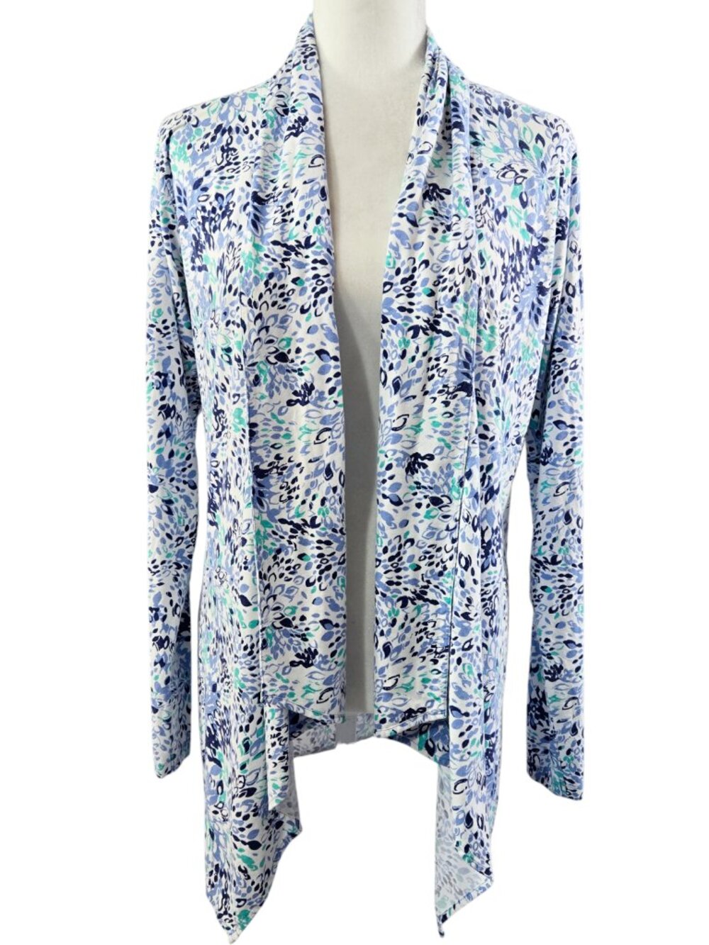 Coolibar UPF 50+ White Blue Floral Open Drape Front Cardigan UV Protection